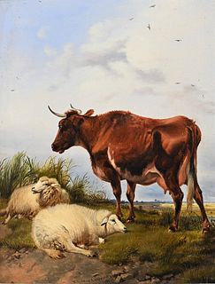Thomas Sidney Cooper (1803 - 1902), steer and sheep landscape, oil on panel, signed lower center T. Sidney Cooper, 1879, 13 1/2 x 10 1/2 inches.