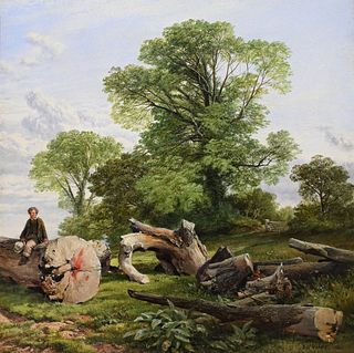 Frederick William Hulme (1816 - 1884), landscape with boy sitting on a log, oil on canvas, signed F.W. Hulme, 1865 lower right, 17 x 17 inches, Sotheb
