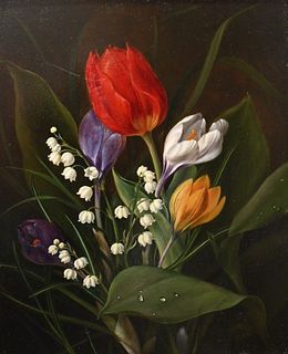 Frank Albert Flindt, still life of flowers, oil on panel, 19th century, signed lower right, 9 1/4 x 7 1/2 inches.