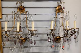 Pair of French Three Light Sconces, each having clear and amethyst glass drops, height 19 1/2 inches.