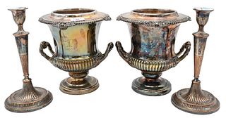 Pair of Sheffield Silver Plated Candlesticks, 19th century, height 10 inches; along with a pair of Sheffield silver plated wine buckets, height 10 inc