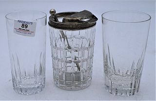 11 Baccarat France Crystal Tall Water Glasses, in two sizes, along with a Hawk cocktail shaker having pitcher with sterling top, height of both 5 1/2 