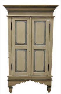 Paint Decorated Cabinet, having two doors and shelves, height 76 inches, width 44 inches.