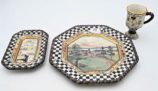 Group of 16 Mackenzie-Childs Pieces, 8 MacLachlan second edition plates, diameter 11 3/4 inches; 2 trays and 6 cups marked 1983, Aurora, New York, hei