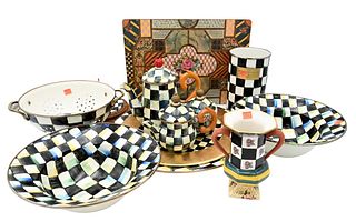 Large Group of Assorted Mackenzie-Childs Kitchenware, to include two enameled painted 1995 serving bowls, country check utensil holder, paper towel ho