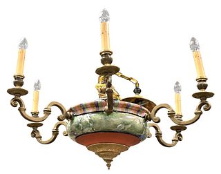 Mackenzie Childs Hanging Light Chandelier, having six arms, height 14 inches, diameter 30 inches.