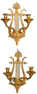 Pair of French Gilt Bronze Lyre Sconces, having two arms, electrified at one time, signed illegibly on back, height 13 1/2 inches.