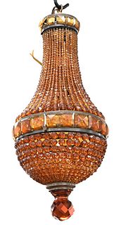 Amber Beaded and Bronze Mounted Chandelier, having basket form band of amber glass faceted squares, height 18 inches.