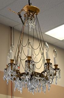 Two Hanging Lights, to include eight light bronze chandelier having prisms; along with a hall light having cut glass shade.