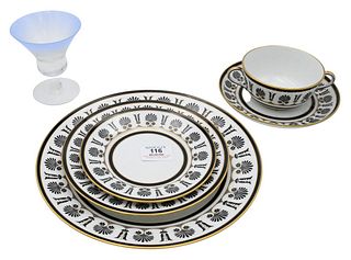 82 Piece Richard Ginori "Ercolano Nero" China Set, complete setting for 12, plus service pieces along with frosted stems, Provenance: Connecticut Pers