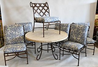 Weathermaster Outdoor Patio Set, having a round table along with six chairs with custom cushions, height 37 inches, width 23 inches, diameter 50 inche