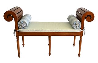 Teak Window Bench, having custom cushion and pillows, height 35 1/2 inches, length 63 inches.