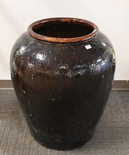 Pair of Large Redware Glazed Outdoor Planters, height 31 inches.