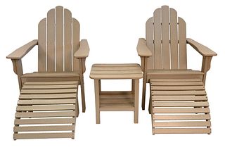 Pair of Malibu Outdoor Living Adirondack Chairs, to include matching footstools, along with a small polywood table, height 38 inches, width 29 inches.