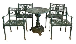 Five Piece Victorian Iron Outdoor Table Set, to include four heavy chairs, along with small round table, diameter 28 inches.