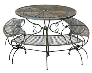 Mesh Iron Round Table, along with three benches, table height 29 inches, table diameter 47 1/2 inches.