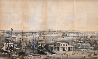 Smith Bros. & Company, view overlooking Wall Street Ferry and Brooklyn as seen from Trinity Church, circa 1850, lithograph, frame size 37 x 52 inches,