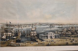 After John William Hill (British/American, 1812 - 1879), "Brooklyn, Long Island, as seen from Trinity Church, New York", 1853, lithograph with hand co