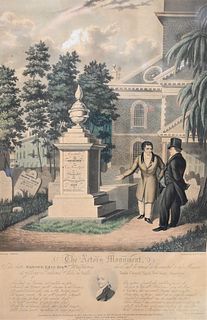 After John Rubens Smith, hand colored engraving by G & C Hunt, "The Actors Monument, the Late Edmund Kean, Esq. contemplating the tomb he caused to be