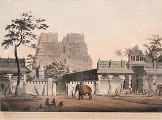 Henry Salt (British, 1780 - 1827), "Pagoda at Ramisseram", engraving with aquatint on paper, inscribed in plate throughout the lower margin, image siz