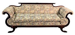 Duncan Phyfe Style Sofa, having tapestry style upholstery, height 33 inches, length 84 inches.