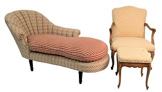 Three Piece Lot, to include upholstered chaise lounge, length 65 inches; Louis XV style fauteuil; along with an ottoman, Provenance: Connecticut Perso