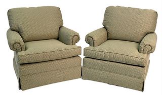 Pair of Thomasville Upholstered Swivel Armchairs, height 35 inches, width 35 inches.
