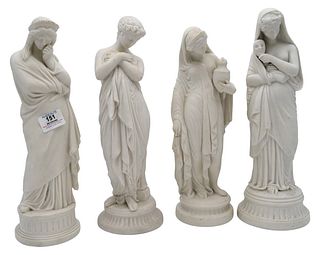 Four Parian Figures of Woman Standing, to include "Modesty", holding a robe; figure of "Phryne" wearing a flowing cloak; untitled woman wearing headdr