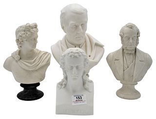 Group of Four Parian Porcelain Busts, to include Duke of Wellington by Albert Ernest Carrier, the largest of the group; Schiller; Hon Viscount Palmers