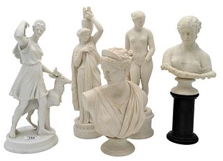 Five Parian Porcelain Figures, to include bust of Clytie (as is); bust of a woman with headdress; woman reaching for an arrow holding a deer; Rebecca 