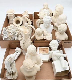 Large Group of Parian Busts and Figures, to include William Cowper, Copeland, D'Orsay, angels, vases, putti, etc. (many as is).