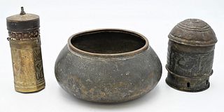 Group of Middle Eastern Brass Items, to include grinder with adjustable size and wood interior; covered jar; along with a large bowl; tallest 7 inches