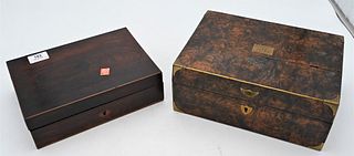 Two Hardwood Boxes, to include a rosewood inlaid jewelry box having fitted leather interior, 7 1/4 x 10 1/4 inches; along with a burl wood and brass b