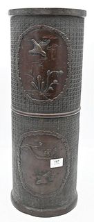 Chinese Bronze Umbrella and Cane Holder, having panels with birds and flowering trees, height 23 1/2 inches.