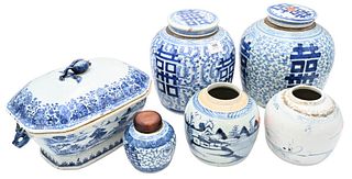 Six Piece Chinese Porcelain Group, to include a pair of large blue and white jars, three small jars, along with a covered blue and white serving turee