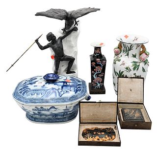 Six Piece Group, to include blue and white Chinese porcelain covered tureen; two seals in original boxes; two Chinese boxes; along with a sculpture of