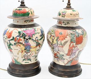 Two Satsuma Covered Urns, made into table lamps, as is; along with a black and white porcelain covered pot; total vase height 25 1/2 inches.