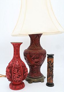 Three Piece Chinese Group, to include two cinnabar vases having mountainous landscape with figures, made into a table lamp and the other with wildflow