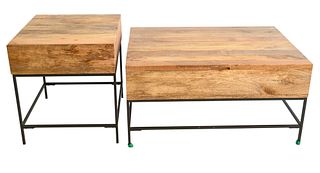 Two Matching Contemporary Coffee Tables, each set on metal base, height 18 inches, top 26" x 36".