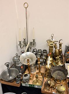 Six Tray Lots of Brass and Pewter, to include brass candlesticks, a pair of large brass push-up candlesticks, a pair of pewter candlesticks, bowls, al