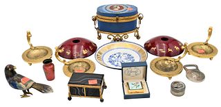 Group of Assorted Items, to include agate and gilt bronze box, enameled on copper candle holders having gold zodiac symbols; a cloisonne bird; set of 