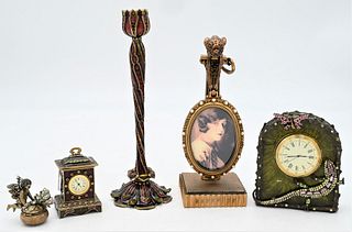 Five Piece Group of Enameled Pieces, to include four Jay Strongwater pieces, along with original boxes, to include Lizard enameled and jeweled clock; 