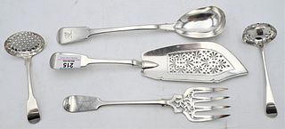 Five English Silver Serving Pieces, to include a fish server, length 12 1/2 inches; two ladles; along with a large fork and spoon, 16.3 t.oz.