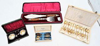Four Fitted Boxes with Silver Spoons and Salts, along with cutlery set with antler and sterling silver cap.