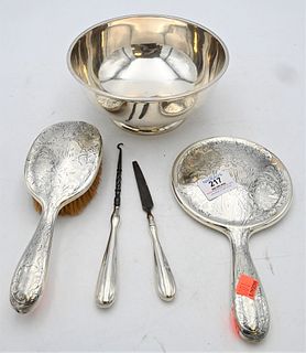 Group of Sterling, to include a Crighton Revere style bowl, along with a four piece dresser set, bowl 14.2 t.oz.