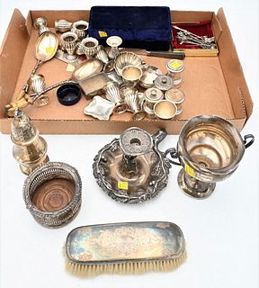 Large Group of Sterling Silver, to include 12 urn form salts; 4 weighted pepper grinders, Mexico; sterling dishes; along with silverplate, etc., 24.2 