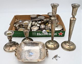 12 Silver Shot Glasses, to include salts, continental silver boxes, 7 weighted sterling candlesticks, along with a silver plated dish, 15.8 t.oz. weig