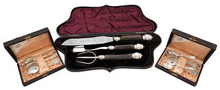 Lee & Wigfull Sheffield 3 Piece Serving Set, to include 1 having antler handles, along with a set of 12 silver demitasse spoons in fitted J. Schnurr G