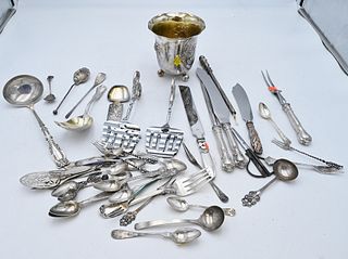 Silver Lot of Mostly Sterling Silver, to include flatware, a vase, three piece cutlery set with sterling silver handles, two Georg Jensen pieces havin
