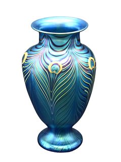 Orient and Flume Cobalt Vase, pull feather design, signed and stickered on bottom, height 8 3/4 inches.